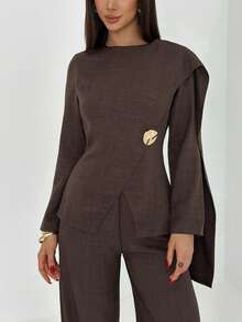 Aloruh Conjunto Elegante de 2 Peças Feminino com Top de Manga Longa e Calça com Bainha Dividida, Cor Sólida Marrom Chocolate, para Escritório e Outono - Castanho - Visão 7