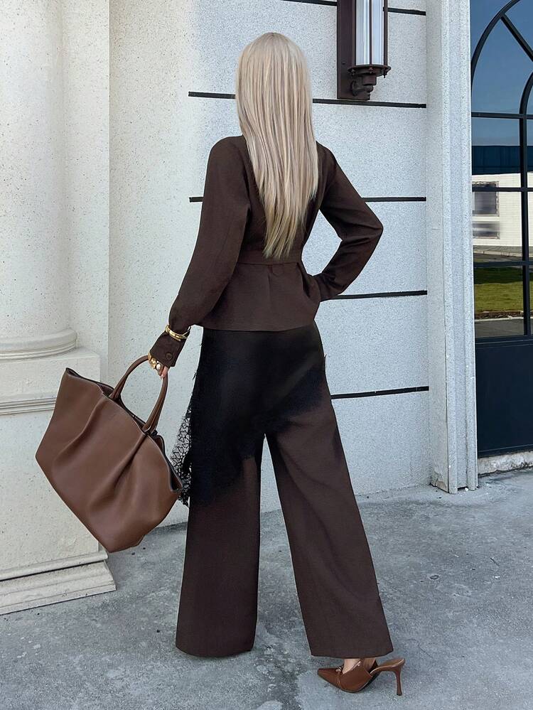 Women's Casual Solid Color Belted Shirt And Wide Leg Pants 2 Pieces Set, Autumn