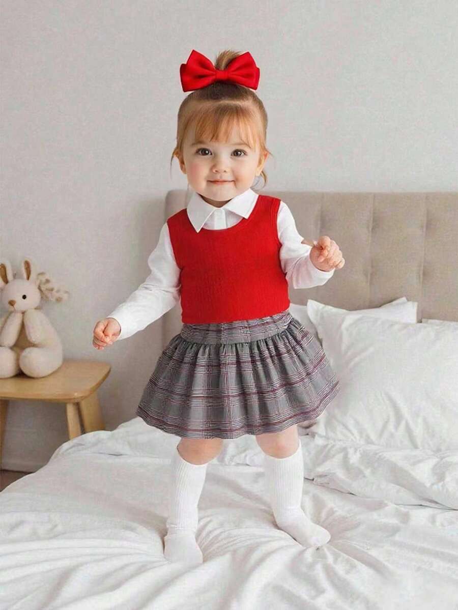 SHEIN 三件套女童优雅时尚套装:白色长袖休闲衬衫、红色针织背心和格子裙,适合上学、上班和秋季穿着。 - 紅色 - 查看 1