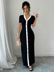 SHEIN PETITE Women Front Button 2-Tone Short Sleeve Dress - Black and White - View 1