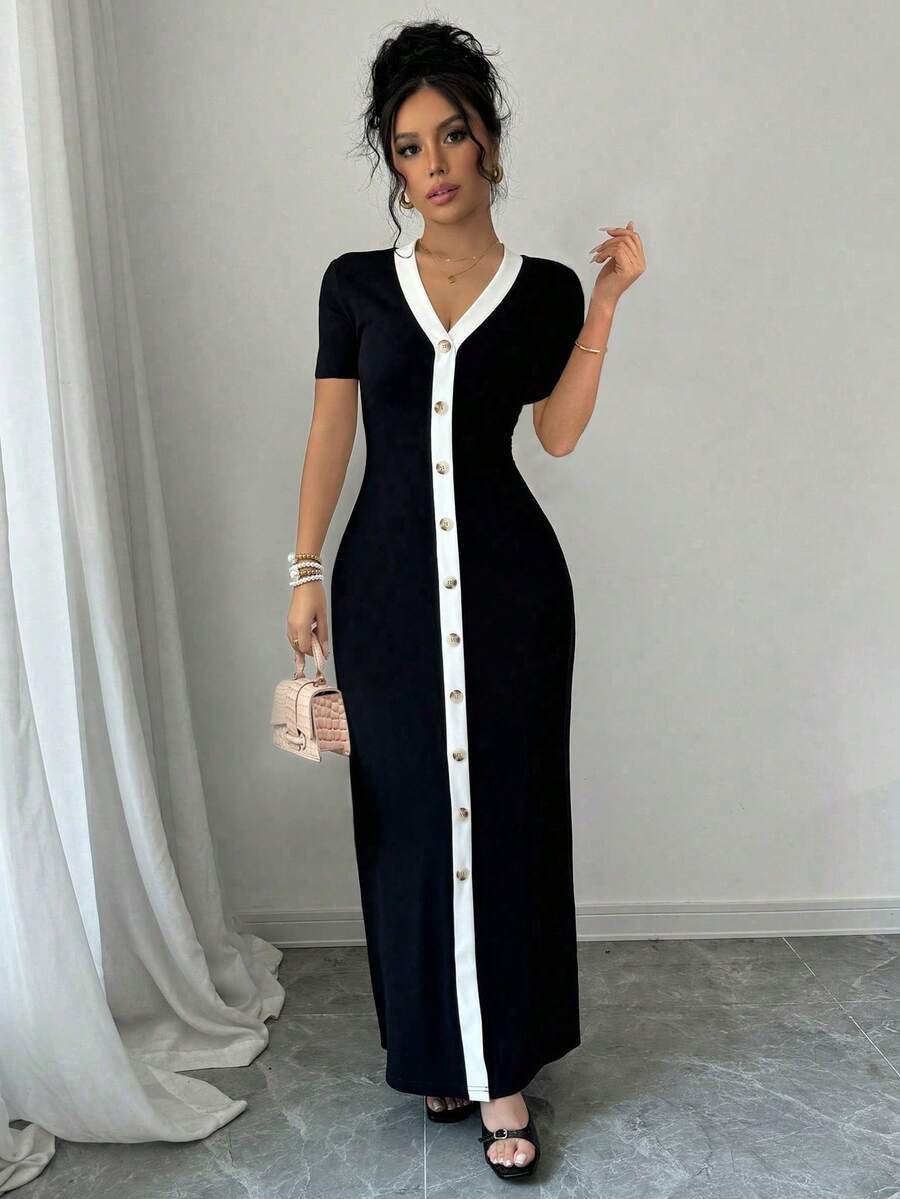 SHEIN PETITE Women Front Button 2-Tone Short Sleeve Dress - Black and White - View 1