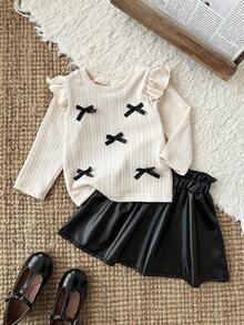 SHEIN 女婴秋冬时尚套装，优雅纹理上衣和裙子两件套，长袖蝴蝶结装饰短百褶裙 - 杏色 - 查看 8