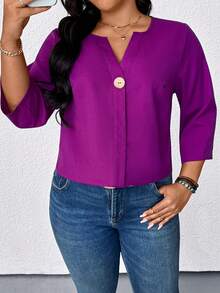 EMERY ROSE Plus Size Casual V-Neck Short Sleeve Women Blouse, Elegant Shirt - Purple - View 6