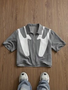 SWAVVY Men's Fashion Corduroy Patchwork Short Sleeve Shirt, Spring/Summer Cropped Graphic Shirt Men Crop Shirt Grey Shirt Graphic