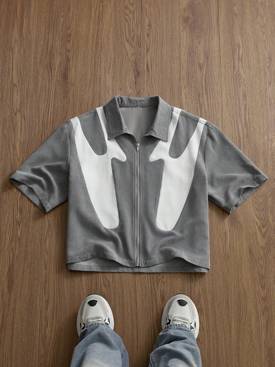 SWAVVY Men's Fashion Corduroy Patchwork Short Sleeve Shirt, Spring/Summer Cropped Graphic Shirt Men Crop Shirt Grey Shirt Graphic