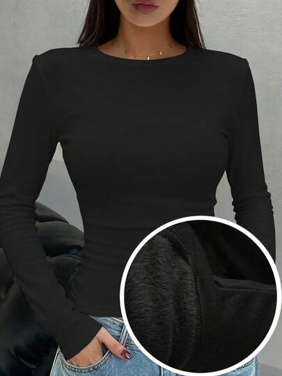 FRIFUL Camiseta de manga larga con cuello redondo, de unicolor, versátil y con forro térmico para mujer, otoño/invierno