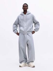 SUMWON Conjunto de sudadera con capucha con cremallera y pantalón de pierna ancha de felpa jaspeada con bolsillo central - Gris - Ver 1