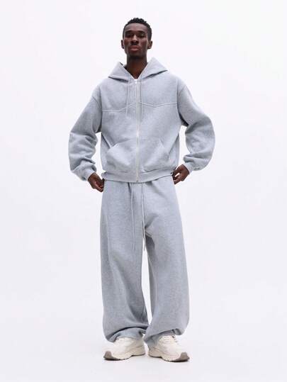 SUMWON Conjunto de sudadera con capucha con cremallera y pantalón de pierna ancha de felpa jaspeada con bolsillo central