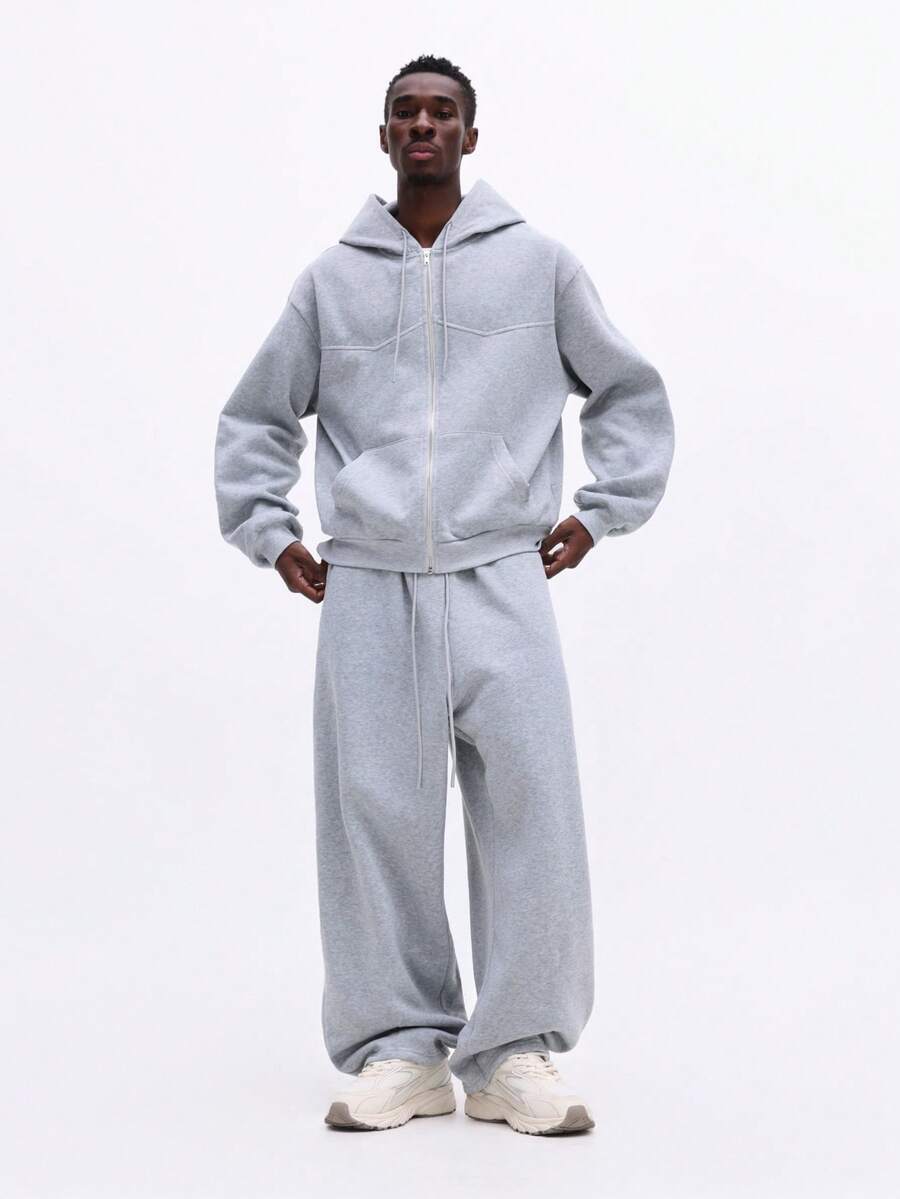 SUMWON Conjunto de sudadera con capucha con cremallera y pantalón de pierna ancha de felpa jaspeada con bolsillo central - Gris - Ver 1