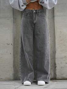 SAYEHFBABY Casual Washed Distressed Wide-Leg Denim Trousers - Grey - View 3