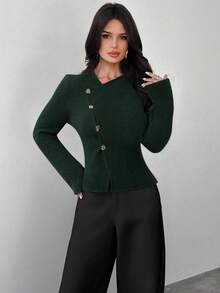 Firerie Pull à manches longues pour femmes avec col en V profond, boutons métalliques et motif floral. Tricot pour les déplacements quotidiens. Nouvelle arrivée pour le printemps, l'automne et l'hiver - Vert sapin - Voir 9