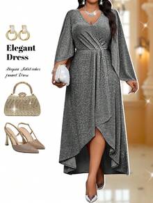 Fleurora New Spring And Summer Autumn And Winter Elegant Party Wedding Valentine's Day  Cocktail Party Concert/Music Festival Black Knitted Overlap Collar Flared Split Flounce Sleeve Long Long Sleeve Plus Size Dresses Elegant Dresses For Party Elegant Party Dresses Elegant Dresses For Women Elegant Dresses For Ladies Elegant Dress Shiny Dress Sparkly Plus Size Solid Color V-Neck Front Short Black Long Wrap Elegant Dress Spring Outfit Women Summer Dress  Party Dress  Wedding Guest Dress For Women  Birthday Dress Vacation - Black - View 7