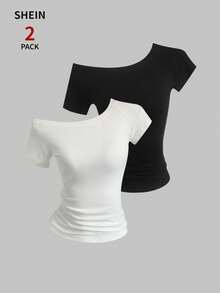 Sweetra 2pcs Women's Summer Off-Shoulder Fitted T-Shirt, Basic Off-Shoulder Tops, Black & White - Black - View 1