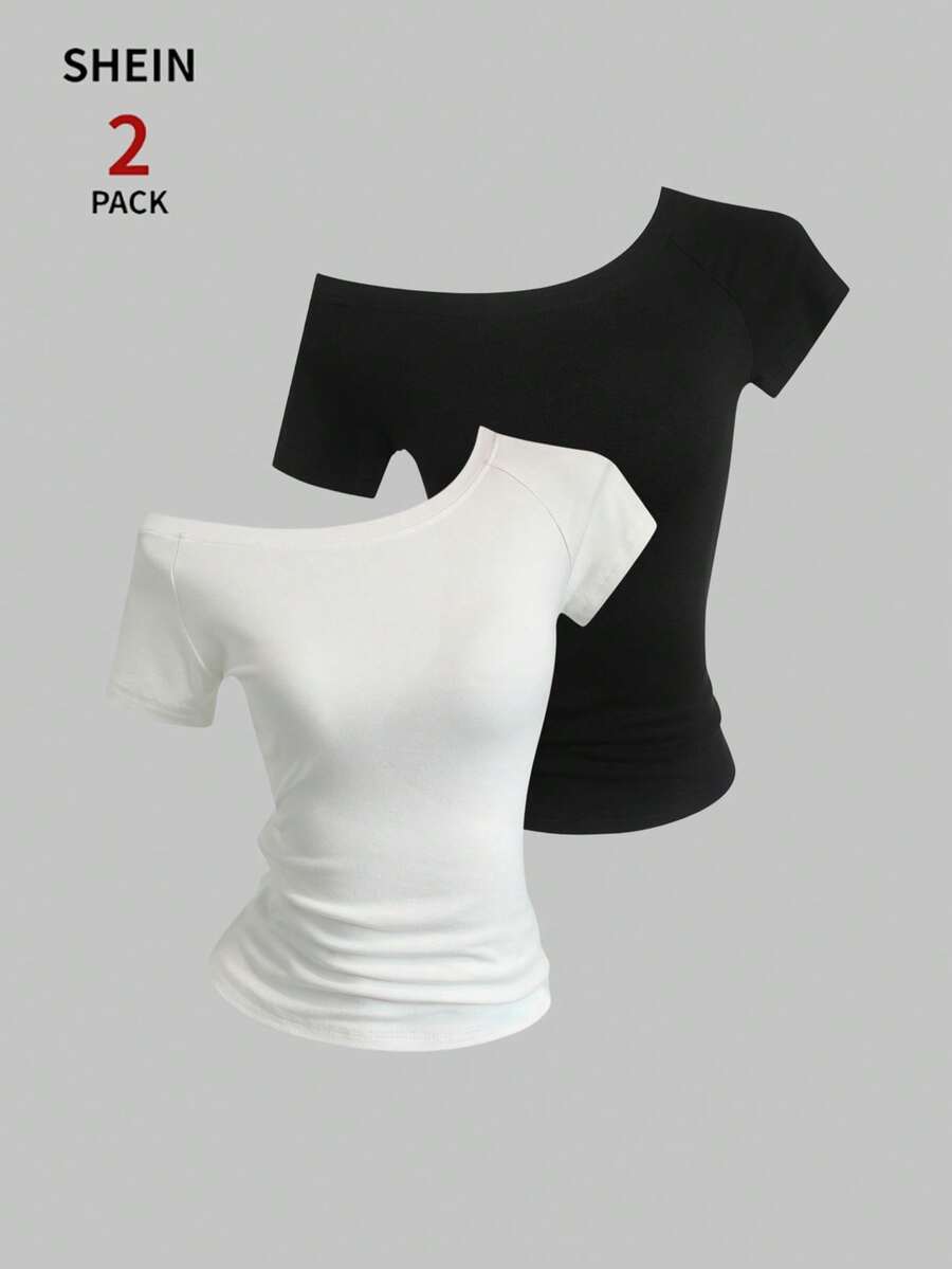 Sweetra 2pcs Women's Summer Off-Shoulder Fitted T-Shirt, Basic Off-Shoulder Tops, Black & White - Black - View 1