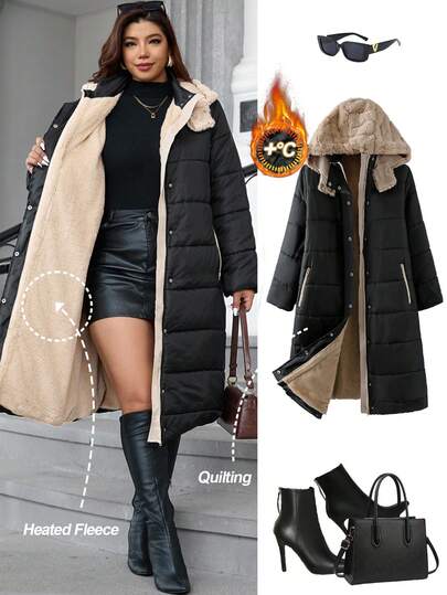 SHEIN Clasi Manteau matelassé long noir à capuche multifonctionnel et à la mode pour femmes rondes, avec poches intérieures et doublure, rembourré pour la chaleur et le confort. Veste matelassée zippée noire à capuche et poches pour femmes rondes, avec col en fourrure amovible, chaud et confortable. Nouveau modèle 2025. Manteau d'hiver décontracté à manches longues avec poches pour femmes rondes.