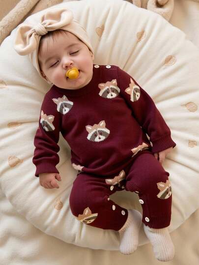 SHEIN Playful Pals Newborn Baby Cute Knitted Romper, Infant Funny Brown Bear Jacquard Pattern Cartoon Red Sweater Jumpsuit, Suitable For Baby's Daily Wear, Outings, Comfortable Play, Suitable For Holidays And Gatherings, Can Be Used As Christmas Gift