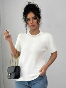 Elenzga Women's Solid Color Beaded Design Round Neck Short Sleeve Casual T-Shirt - White - View 3