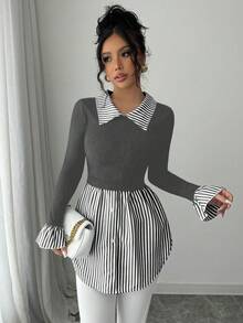 Elenzga Women's Striped Collared Long Sleeve Knit & Woven Patchwork Blouse - Multicolor - View 1