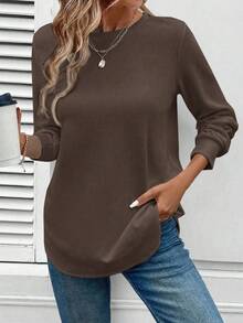 SHEIN LUNE 女士休闲舒适圆领不对称下摆华夫格纹理基本款运动衫女士棕色上衣棕色长袖上衣深棕色上衣巧克力棕色上衣秋冬棕色华夫格针织上衣