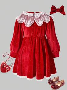Glamorique Kids Girls' Autumn/Winter Velvet Lace Trim Rhinestone Embellished Long Sleeve Dress, Elegant Red, Soft & Comfortable, Suitable For Parties, Birthdays, Christmas, Versatile For Various Occasions, Regular Thickness, Autumn/Winter