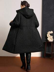 Zelara 大码女式纯色长袖拉链前长款休闲连帽冬季夹克 - 黑色 - 查看 12