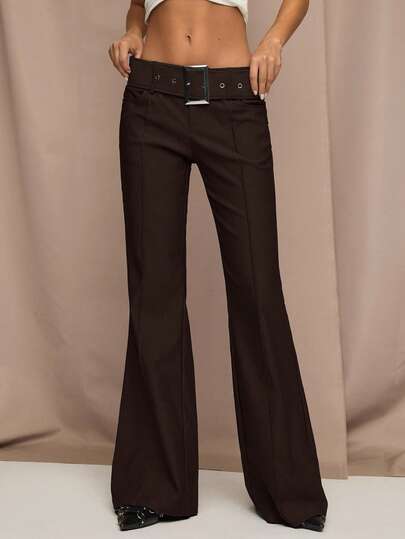 SHEIN BAE Women's Vintage Solid Color Low Waist Belted Flare Pants, Autumn,Fall,Fall Clothes For Women,Winter Clothes For Women