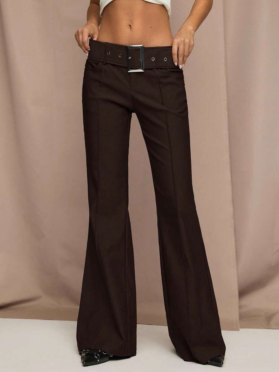 SHEIN BAE Women's Vintage Solid Color Low Waist Belted Flare Pants, Autumn,Fall,Fall Clothes For Women,Winter Clothes For Women - Coffee Brown - View 1