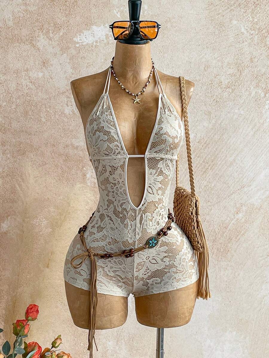 Soleia 女士花卉蕾丝深V领性感吊带连体衣