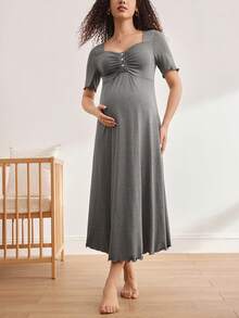 Moonlight&Mama Maternity Casual Solid Color Short Sleeve Nursing Nightgown - Grey - View 3