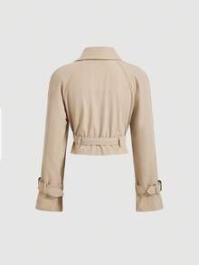 SHEIN MOD 女士卡其色短款休闲宽松外套，配腰带，秋季外套，秋装，秋装，度假女装，返校季 - 卡其色 - 查看 3