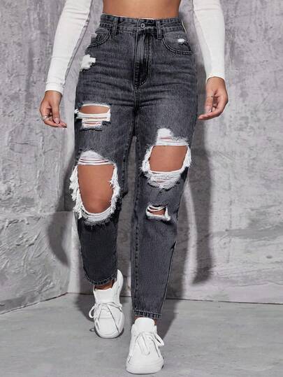 Jeanoix 大码时尚休闲百搭高腰宽松破洞牛仔裤
