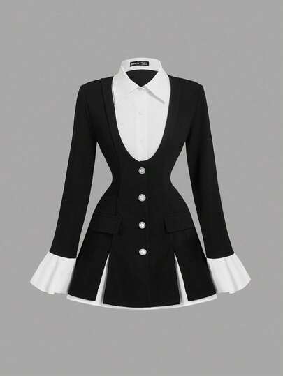 SHEIN MOD Women's 2 In 1 Black Waist-Cinching Long Sleeve Flounced Suit Blazer ,New Years Women, Business Casual Woman, Office Wear Women, Black Elegant, College Students In Fall/Winter