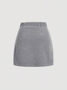 SHEIN MOD Plus Size Autumn Casual Houndstooth Button Decor Wrap Skirt - Navy Blue - View 3