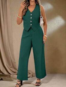 Roveilla Plus Size Dark Green Polyester Sleeveless Vest And Long Pants Suit Set With Pockets Corporate Autumn Smart Casual Corporate - Green - View 5