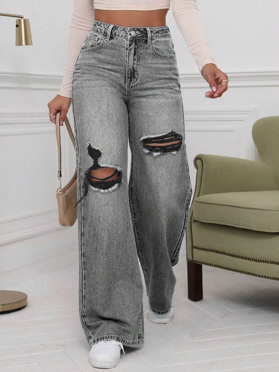 SHEIN EZwear Jeans délavés bleu denim taille haute déchirés à jambe large - Gris pâle - Voir 1