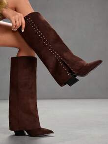 CUCCOO SZL Botas femininas de cano alto com bico fino e tachas - Ferrugem Marrom - Ver 4