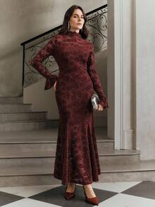 Anewsta Women's Autumn/Winter Fitted Mermaid Hem Dress, Casual Party Dress With Flare Sleeves, Burgundy Lace Ruffle Collar Elegant Lady Dress - Burgundy - View 4