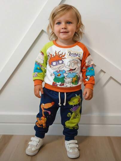 Nick 90s | SHEIN Baby Boy Cartoon Figure Graphic Colorblock Sweatshirt And Navy Blue Dog Dinosaur Print Sweatpants 2-Piece Set, Suitable For Autumn/Winter Fall