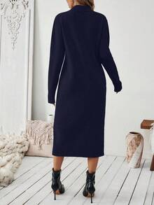 EMERY ROSE Women's Navy Blue Round Neck Casual Versatile Daily Knit Sweater Dress - Navy Blue - View 2