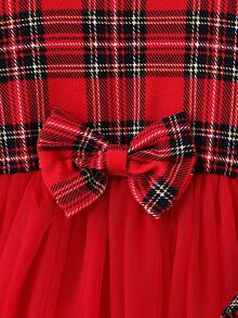 Robe de Noël pour jeune fille avec épaules dénudées, manches bouffantes, base rouge à carreaux noirs et double couche de maille rouge et noire aux manches longues - Rouge - Voir 5
