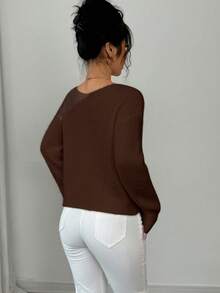 Rafferiza Suéter casual holgado de mujer de cuello redondo, manga larga y hombros caídos, de unicolor, para otoño/invierno - Café integral - Ver 2