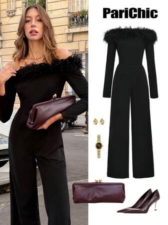 SHEIN PariChic Women's Black Off-Shoulder Fur Collar Long Sleeves Wide Leg Jumpsuit / Elegant / Sexy / Date / Party / Holiday Travel / Slimming / Elastic Fabric / Versatile / Spring / Summer / Need / Winter /Elegant /Romantic Fall Cloth For Women Wedding Guest Outfits Casual Holiday Valentine's Day Chic Classy Outfits For Women New Year Thanksgiving Outfit For Women Fall Outfits For Women Long Pants Jumpsuit