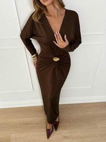Siren Gaze 女士优雅派对纯色蝙蝠袖收腰长裙 - 棕色 - 查看 4