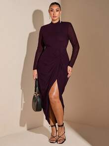 SHEIN BAE 大码女士优雅性感生日派对黑色网纱高领长袖垂褶高开衩修身长裙圣诞节服装场合礼服舞会礼服 - 紫紅色 - 查看 1