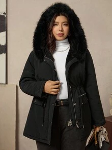 Zelara Plus Size Women Solid Color Long Sleeve Zipper Collar Faux Fur Hooded Casual Winter Jacket Women's Quilted Zipper Long Hooded Padded Jacket With Pockets, Warm And Comfortable,2025 New,Comfortable And Warm From The Cold,Plus Size Women Long Sleeve Pockets Casual Coat,Fall Women Clothes, Winter Clothes For Women,Vintage,Going Out Outfits,Fall Outfits,Winter For Women,Fall Clothes Plus Size, Office Outfits For Women,Fall Outfits For Women,Classy Outfits For Women,Women's Fall Clothes,Office,Old Money Style Women,Plus Size Women Long Sleeve Pockets Casual Hooded Coat,Quilted Coat,Zip Up,Women's Winter Clothes ,Christmas Women's Clothing,Suitable For Multiple Occasions Autumn Women'S Autumn And Winter Warm Coat With Fur Collar And Hood - Black - View 13