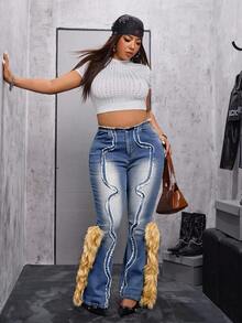 Jeanoix Quần jeans ống loe chắp vá mềm mại cỡ lớn dành cho nữ - Màu xanh lam - Xem 7