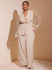 SHEIN BAE Plus  Size  2pcs Women's Business Office Wear Embroidered Details Double-Breasted Fitted Blazer & Pants Set Fall Cloth For Women,Plus Size Women Sequin Patchwork Fringe Mesh Long Sleeve Blazer And Wide Leg Pants Elegant Suit,Christmas Women's Clothing,New Year Clothes,Thanksgiving Outfit For Women,Elegant Women's Set,Luxury   Set,Sequin Top,Glitter Top,Winter /Fall  Clothes For Women - Black - View 1