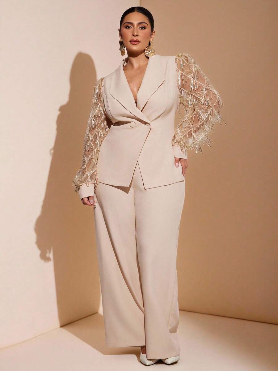 SHEIN BAE Plus  Size  2pcs Women's Business Office Wear Embroidered Details Double-Breasted Fitted Blazer & Pants Set Fall Cloth For Women,Plus Size Women Sequin Patchwork Fringe Mesh Long Sleeve Blazer And Wide Leg Pants Elegant Suit,Christmas Women's Clothing,New Year Clothes,Thanksgiving Outfit For Women,Elegant Women's Set,Luxury   Set,Sequin Top,Glitter Top,Winter /Fall  Clothes For Women - Black - View 1
