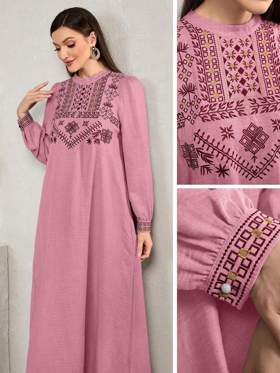 Al Najma 一件刺绣阿拉伯风格休闲连衣裙，简约时尚，适合日常穿着，波西米亚风长款阿拉伯长裙，休闲日常穿着。 - 粉色 - 查看 1