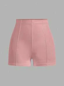 SHEIN Tall CURVE 女士高腰修身纯色短裤 - 淺粉色 - 查看 5